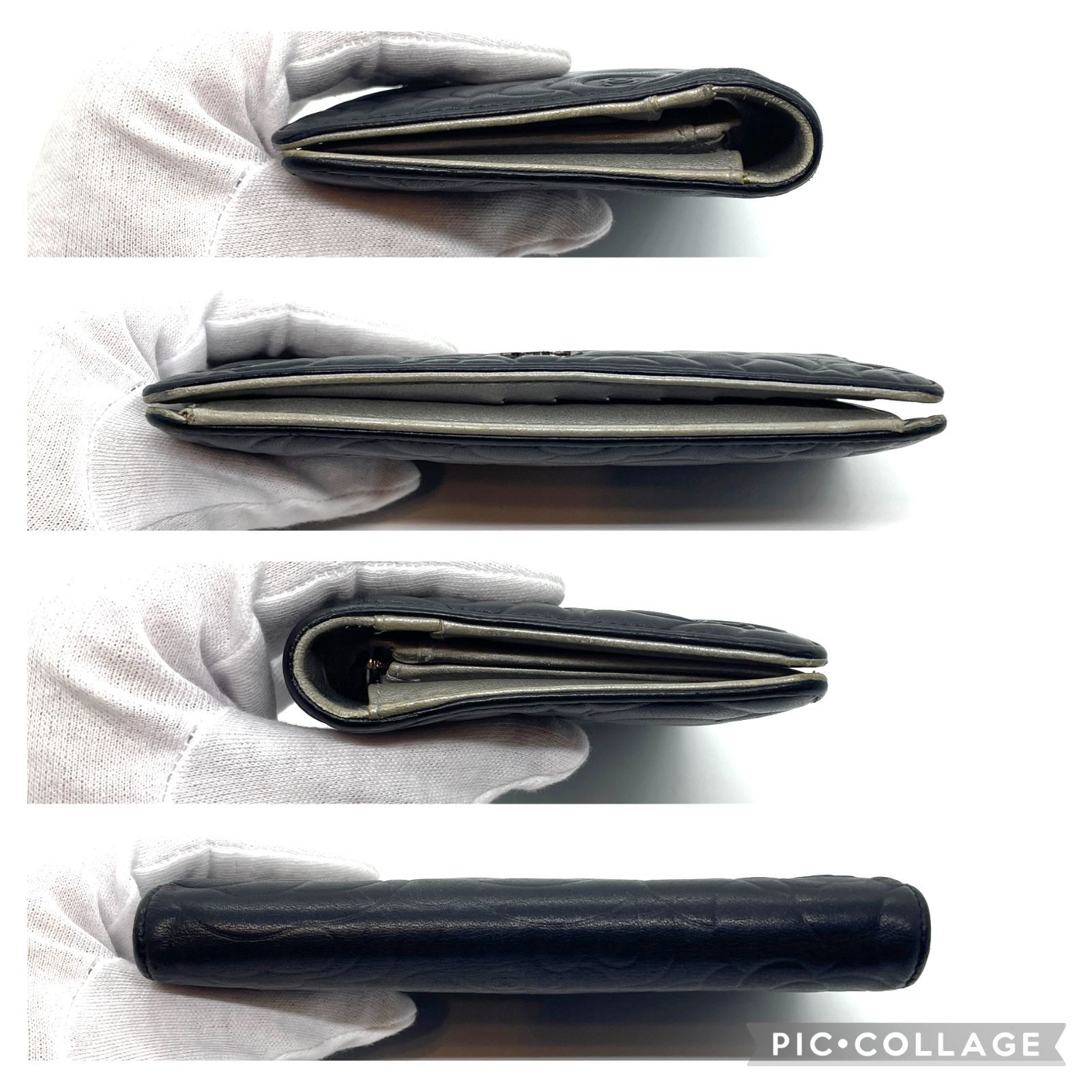 538】極美品 CHANEL/シャネル カメリア ラムスキン 二つ折り 長財布 黒