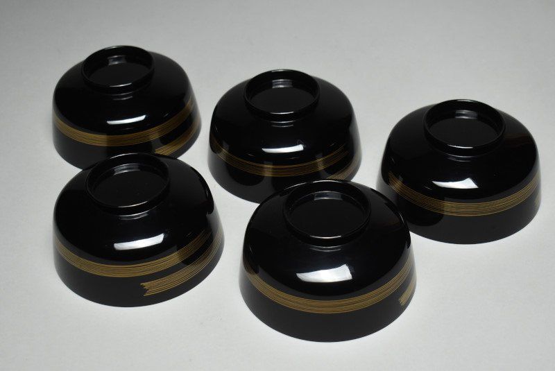 蔵A2500a】木製 青漆 魚文蒔絵 丸紋 小吸物椀 汁椀 十