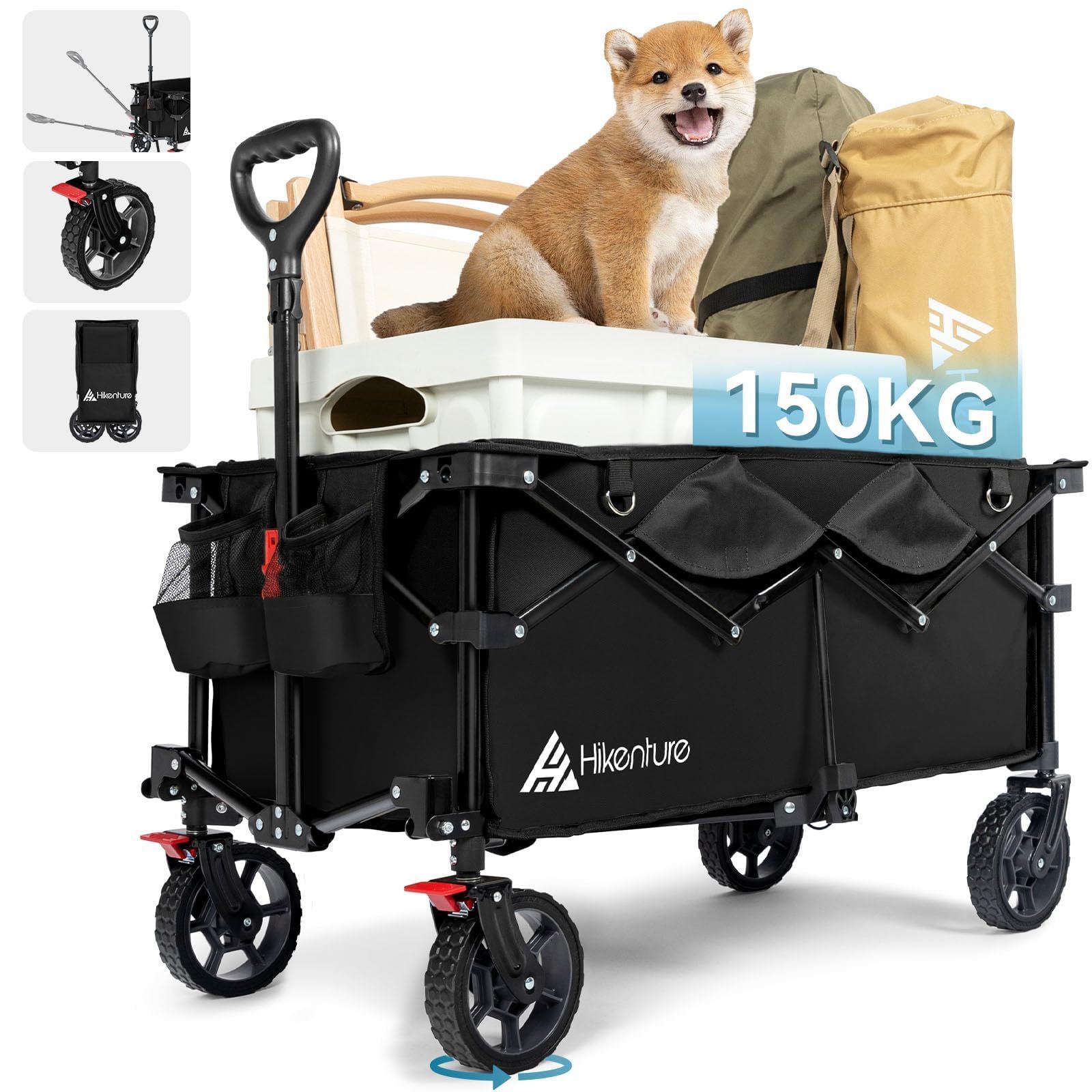 人気商品 HIKENTURE キャリーワゴン 大容量135L 耐荷重150㎏ アウトドアワゴン スイベル ブレーキ付き キャンプ カート 特許取得のコンパクト設計 ワンタッチ収束型 自立式ハンドルデザイン