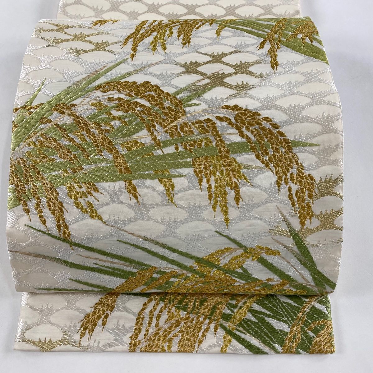 袋帯 落款 山口弘躬染織 早苗地稲穂文 金糸 刺繍 白 お太鼓柄 正絹