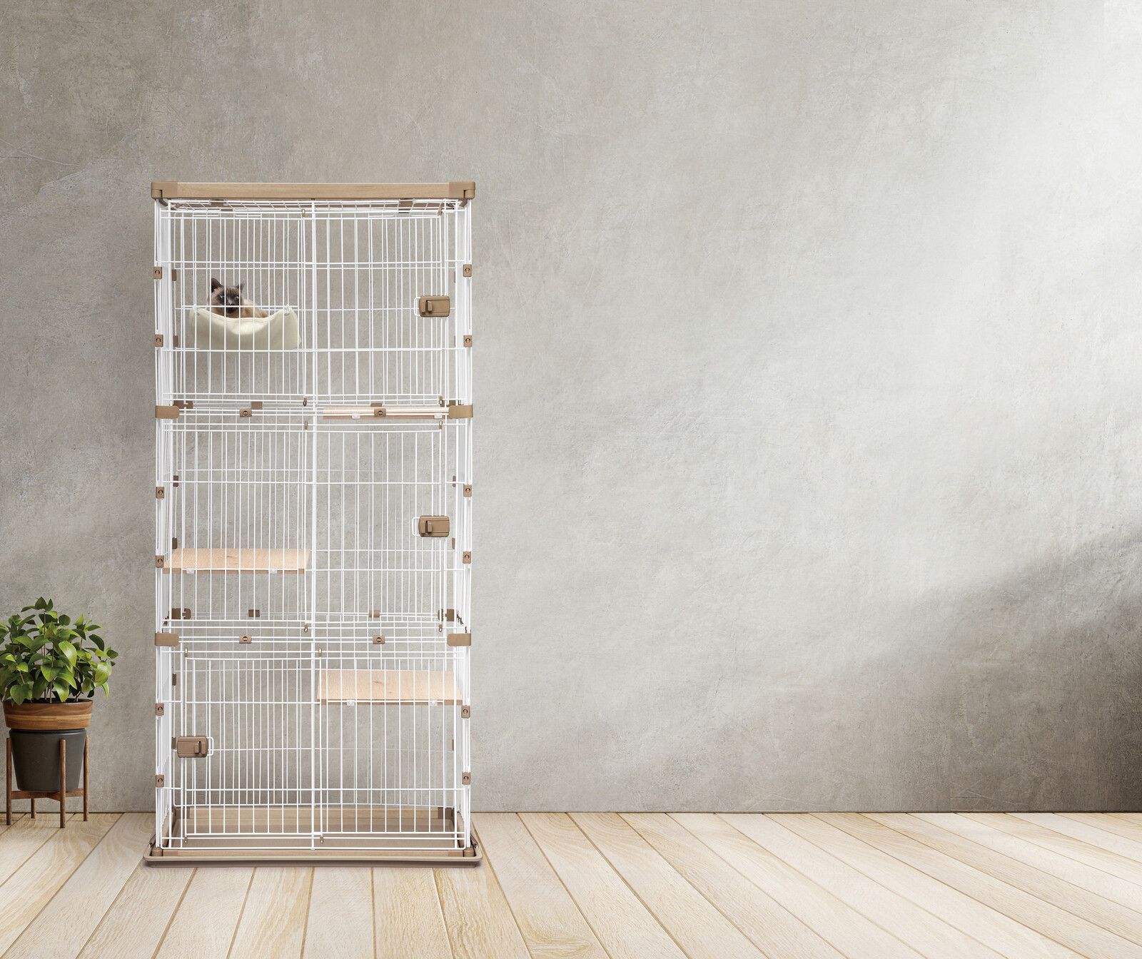 送料無料】［アイリスオーヤマ］ウッディ キャットケージ 3段 ライト