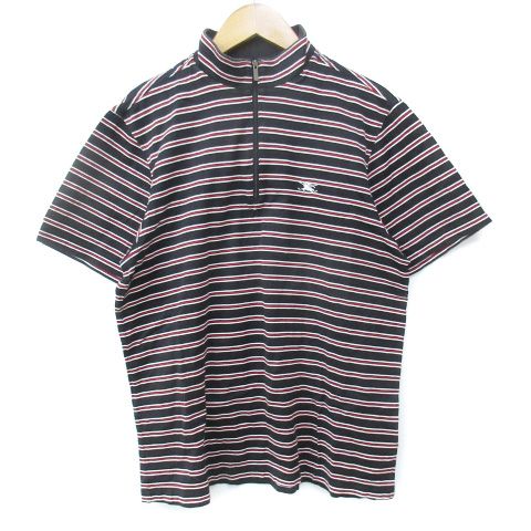 バーバリーゴルフ BURBERRY GOLF ゴルフウェア ポロシャツ 半袖 ハイネック ハーフジップ ロゴ刺繡 マルチボーダー柄 M 黒 白 ブラック ホワイト /FF21 GY01