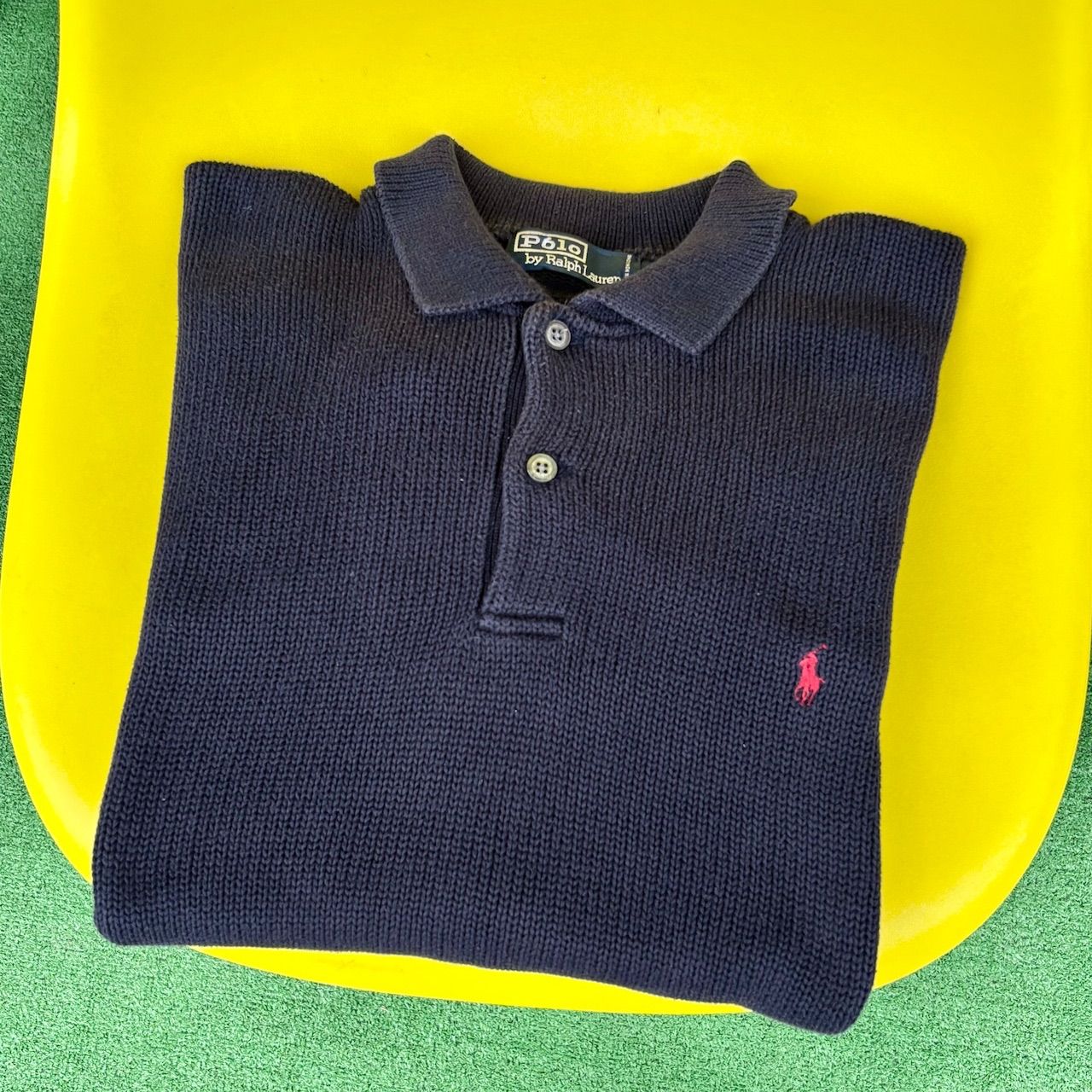 90〜00s Polo by Ralph Lauren 襟付きコットンニットセーター ネイビー