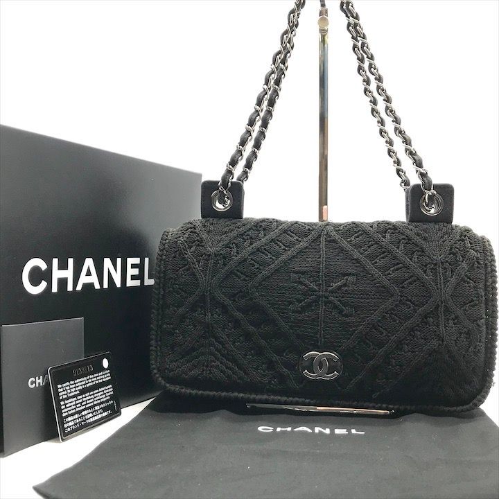 美品 CHANEL シャネル ココマーク ウール ニット シングル フラップ Wチェーン ショルダー バッグ ブラック レディース a5155 美品 CHANEL シャネル ココマーク ウール ニット シングル フラップ W