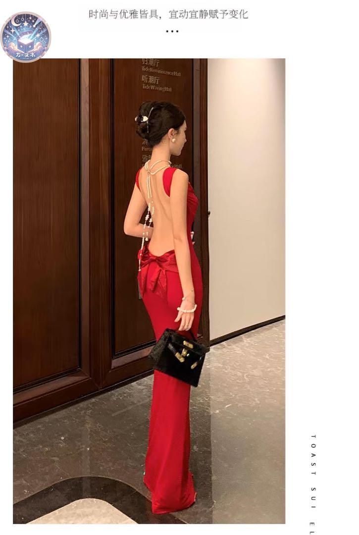 セクシー❤️バックリボン真っ赤なロングドレス★パーティーにぴったり セクシー❤️バックリボン真っ赤なロングドレス☆パーティーに