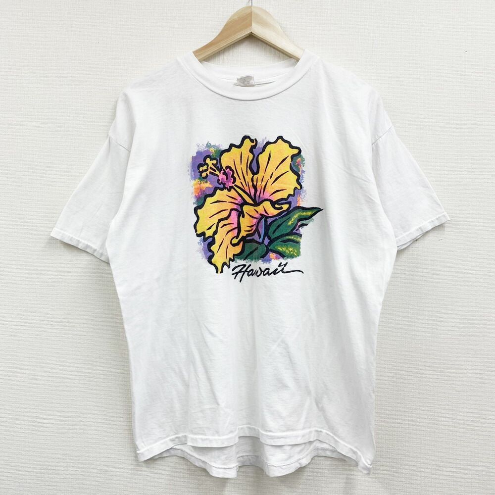 古着 90's ハワイプリント白Tシャツ シングルステッチ ハイビスカス