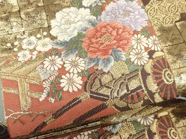 専用帯929 ●服部織物謹製 源氏絵巻文様 高級 正絹 六通 袋帯 平和屋着物◎西陣 服部織物謹製 六通柄 本袋帯 こはく錦 花菱文