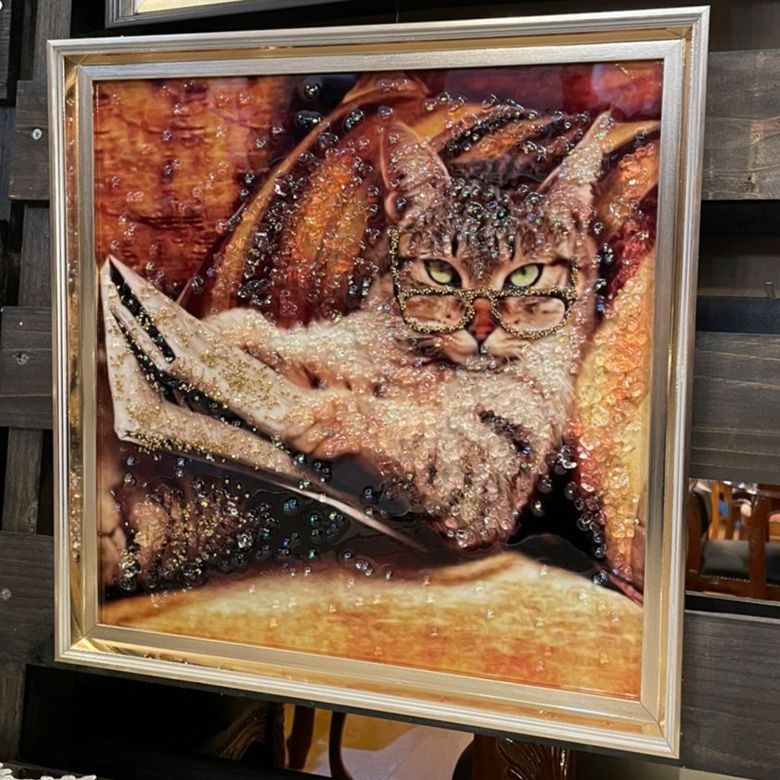 anthropologie*猫と花*ゴールドフレーム付ウォールアート絵画