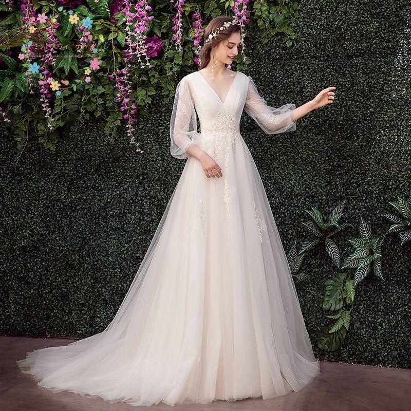 ウェディングドレス 花嫁 二次会 ウエディングドレス 結婚式 ロングドレス Aラインドレス Vネック 長袖 シャンパン シンプル 挙式 披露宴