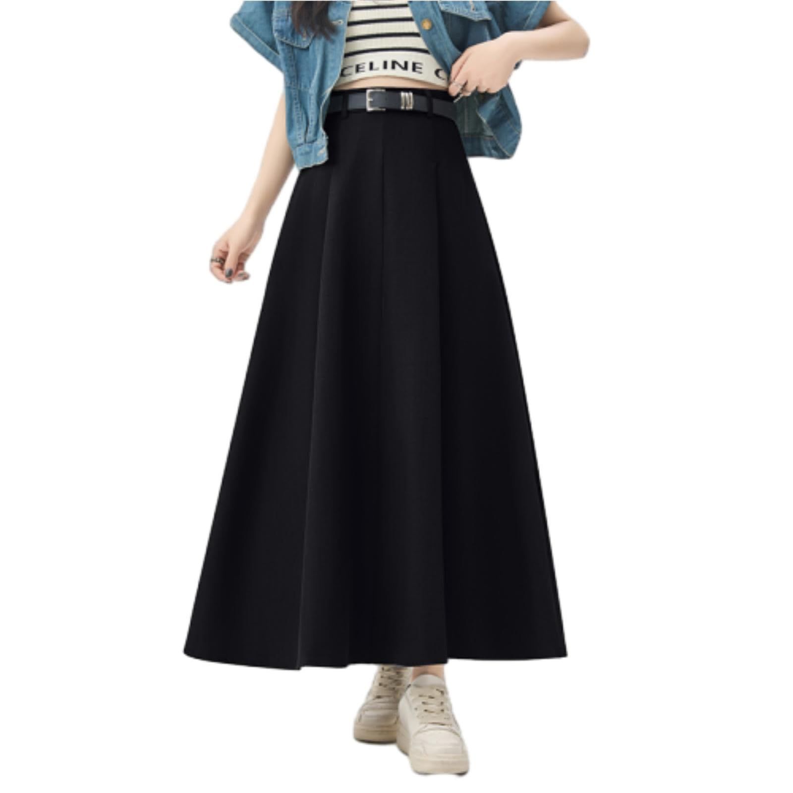 Size L_Color ブラック MSFQSNB スカート レディース ロングスカート フォーマルスカート スーツ マキシスカー ト 事務服 オフィス ハイウエスト 制服 ゆったり 体型カバー 大きいサイズ 無地 スリット 通勤 OL ベルト付き 春 夏