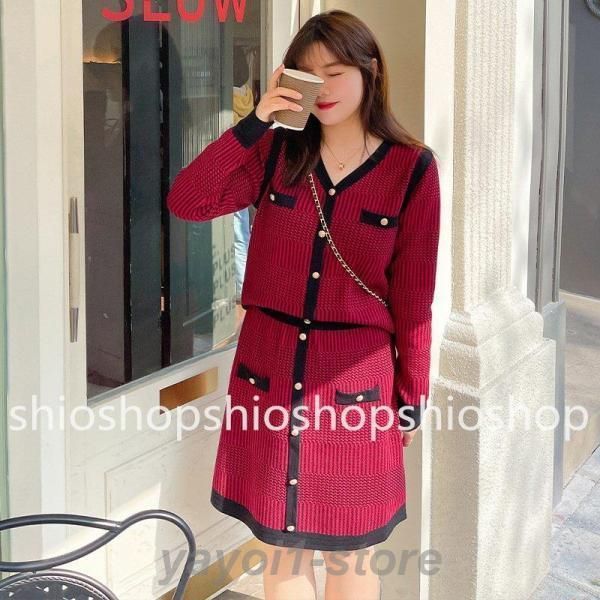 セットアップ レディース 秋 春 Vネック スカート チュニック トップス ニット 上下セット タイト 20代 30代 大きいサイズ MAAHADDERANG_COM