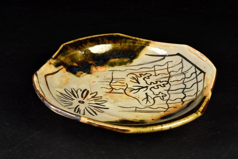 織部 加藤作助 八角皿 中皿 十客 蔵c9714a織部 加藤作助