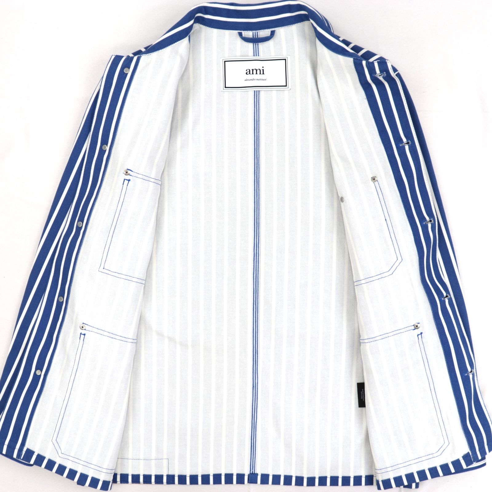 美品 アミ パリス ストライプ ワークデニムジャケット メンズ 青 白 S 