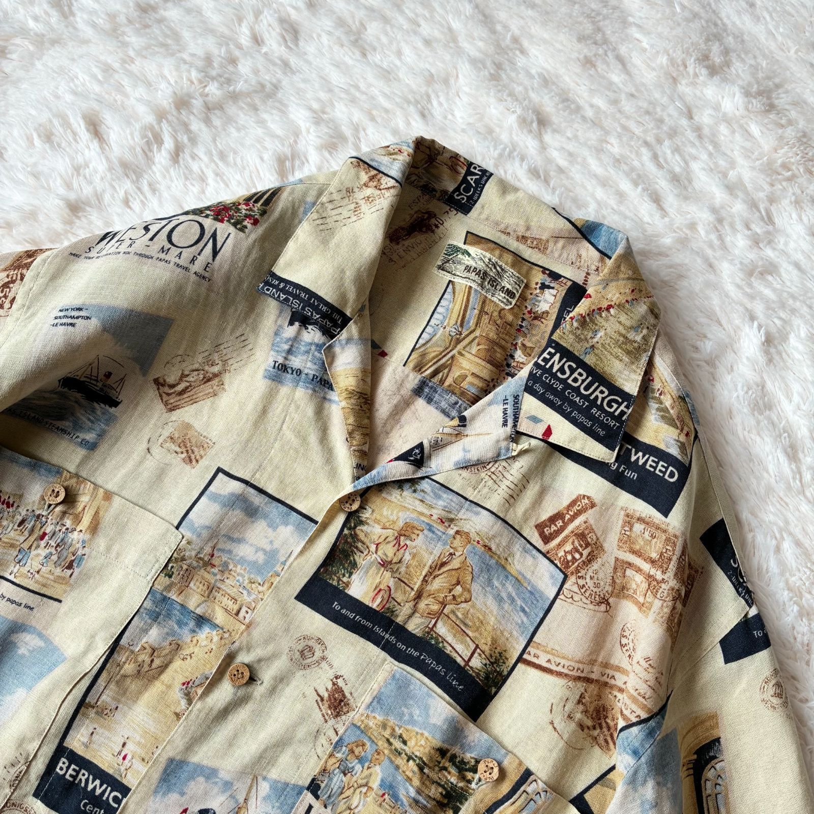 極美品 PAPAS ISLAND パパスアイランド リネン 麻 アロハシャツ