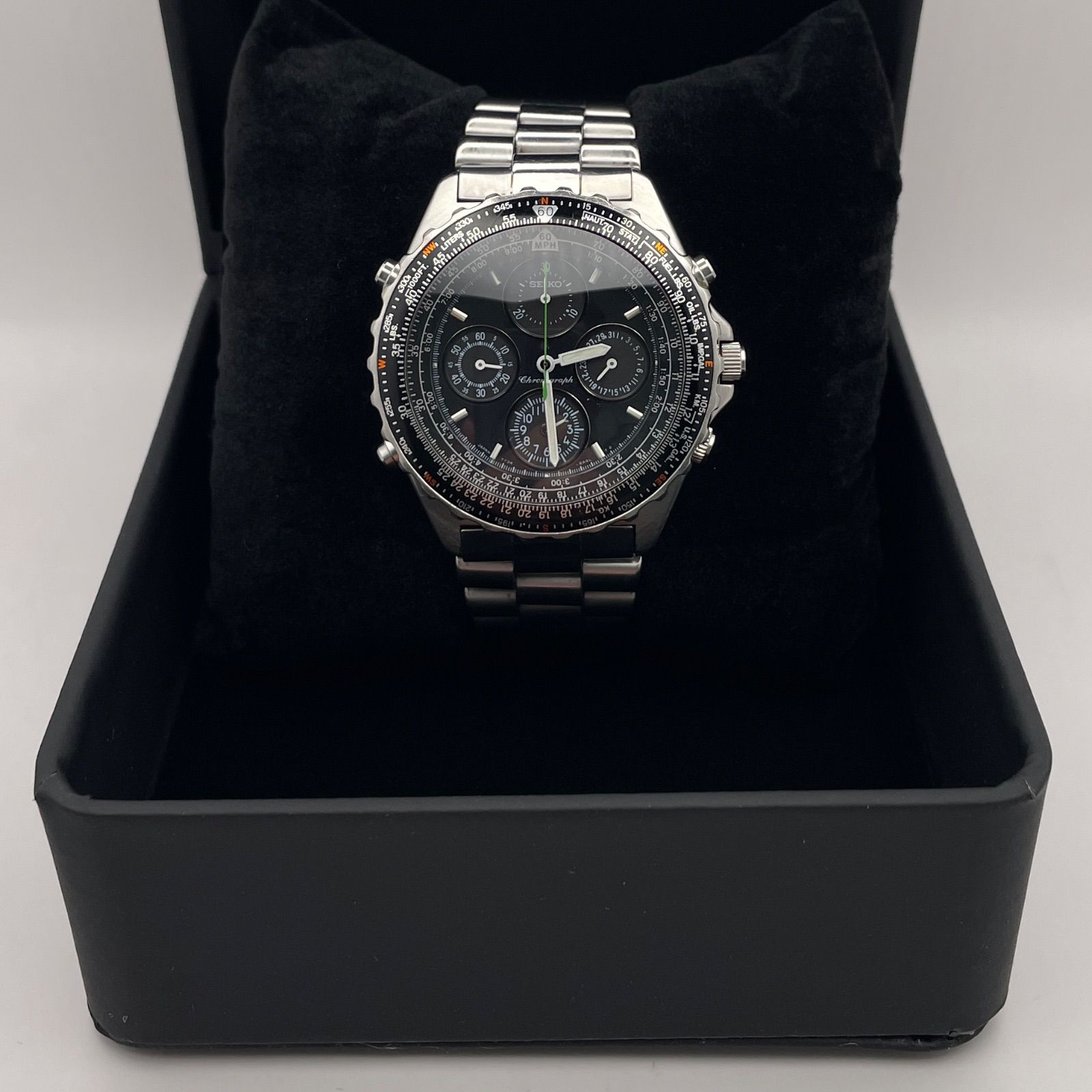 T504 正常稼動 SEIKO セイコー SKY PROFESSIONAL スカイプロフェッショナル 四ツ目 パイロット クロノグラフ SBBP001 7T34-6A20 人気 時計 メンズ ユニセックス