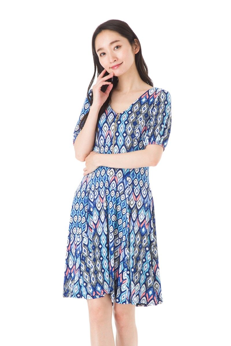 フィフィーユ(FIFILLES)ワンピース T1 T2 T3サイズ 大人 ジャージー 総柄 レディース 五分袖 膝丈ワンピース  上品 大きいサイズ