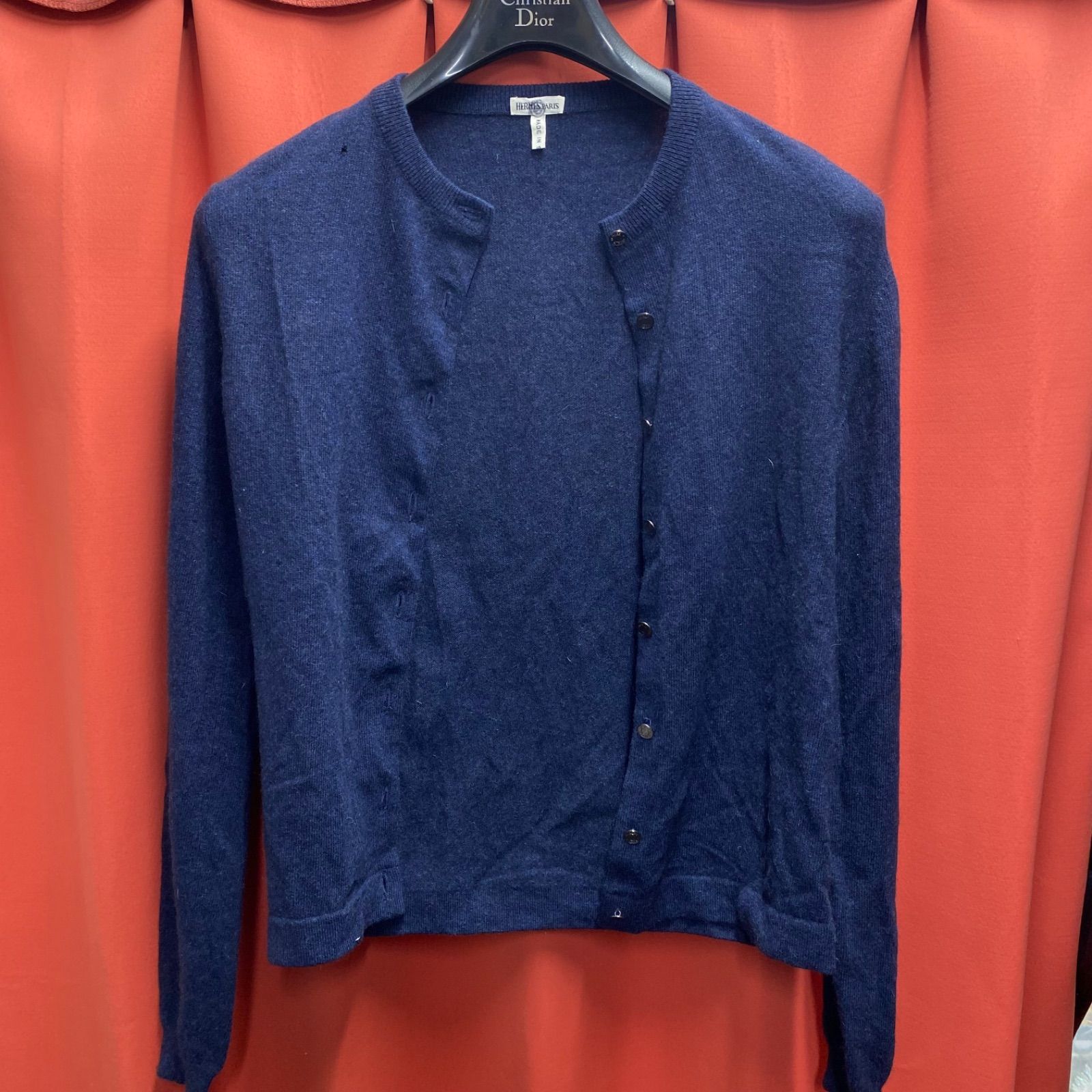 美品 HERMES エルメス ニット ロゴ ネイビー ボタン付 カーディガン