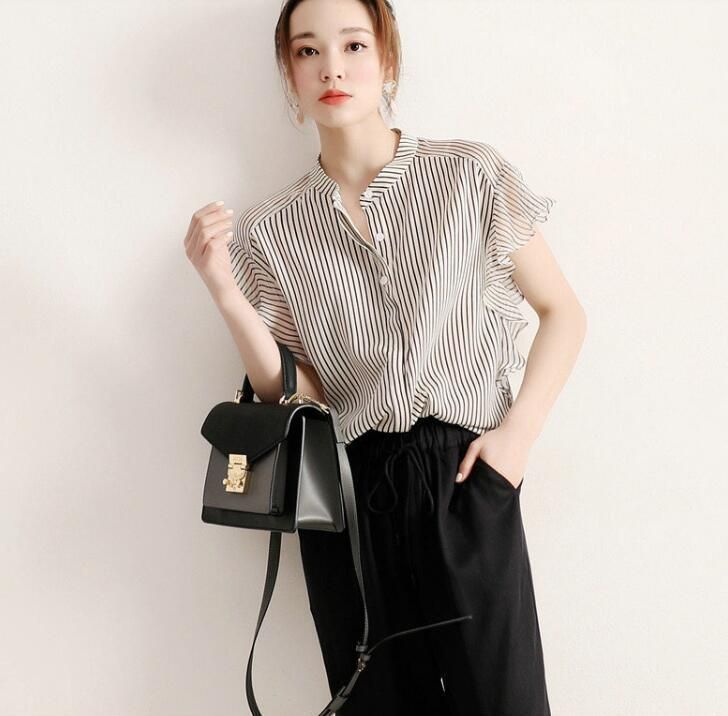シフォン ストライプ シャツ レディース ブラウス 夏 半袖ブラウス オフィス シャツブラウス レディース おしゃれ 袖口フリル 切り替え シフォン ストライプ シャツ レディース ブラウス 夏 半袖