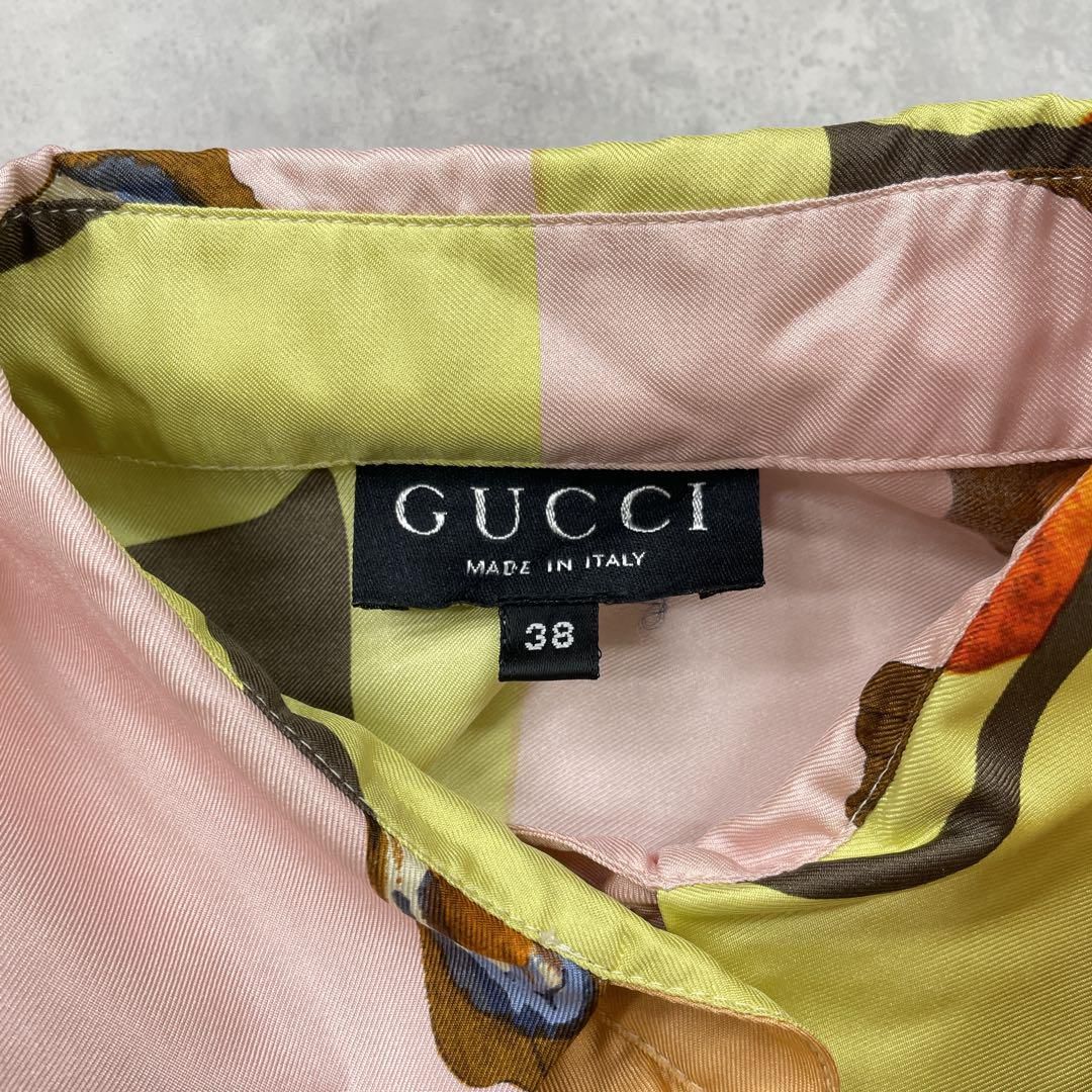 GUCCI グッチ シルク100％ シャツ 金ボタン GGボタン 靴柄 フルーツ