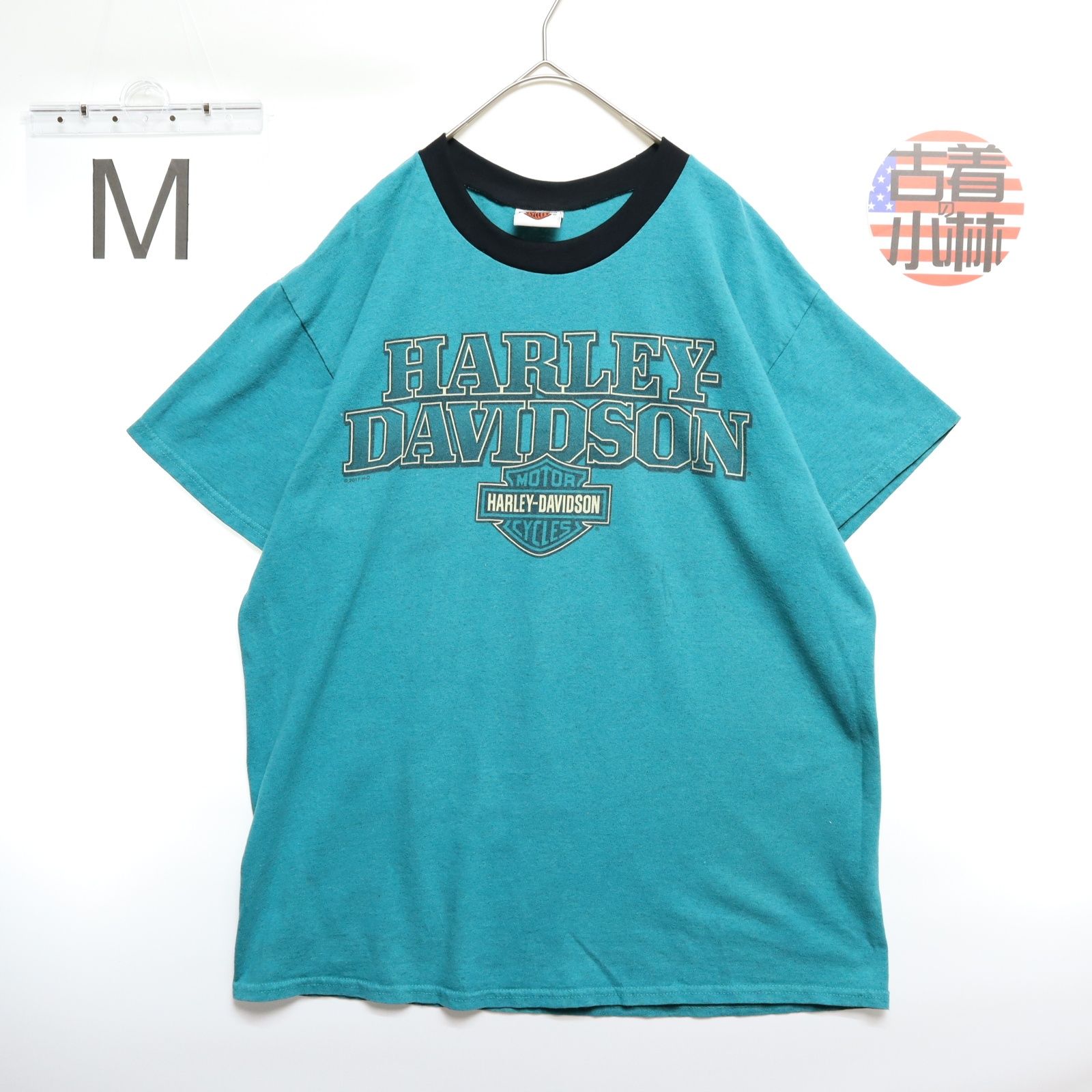 メンズM 【A品】 コピーライト HARLEY DAVIDSON ハーレーダビッドソン  半袖 リンガーTシャツ ビッグロゴ デカロゴ 両面プリント 無地 グリーン 緑 厚手  ヴィンテージ USA古着 K5b620