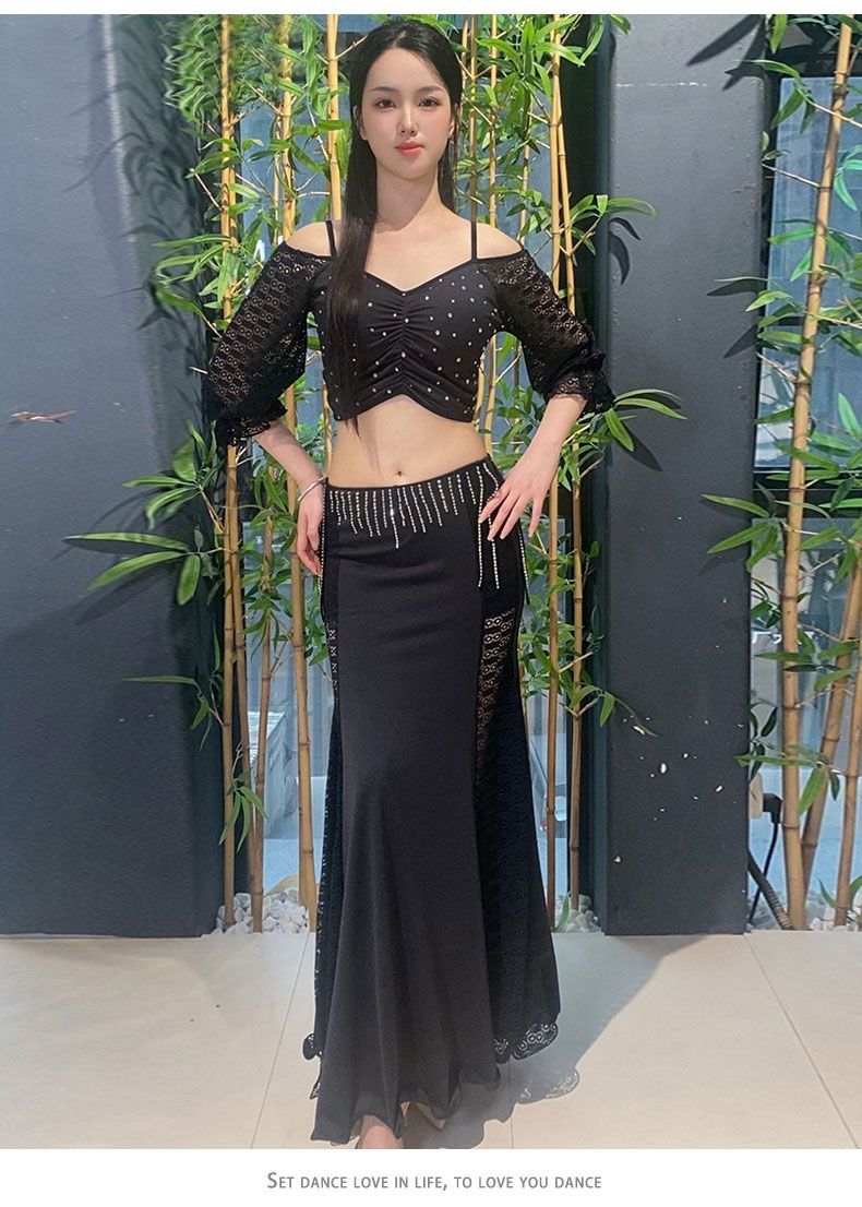 ベリーダンス衣装黒♥ボディネット・腕用装飾付き 楽天市場】ダンス衣装 トップス 黒 花柄レース おしゃれ