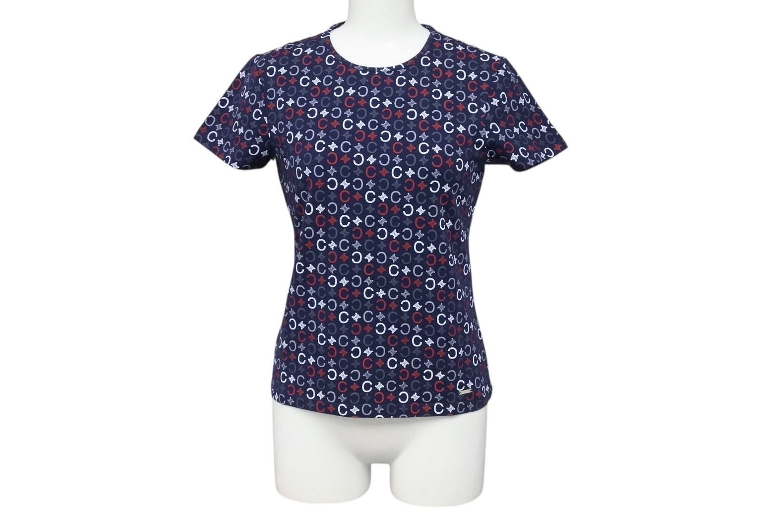CELINE セリーヌ 半袖Tシャツ チビT マカダム柄 コットン スパンデックス ネイビー ホワイト レッド サイズS 4b002059