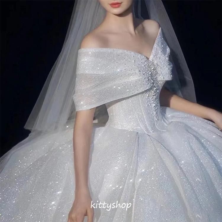 ● ウェディングドレス 二次会ドレス オフショルダー サテン ロングドレス 花嫁ドレス 白 トレーンドレス 海外挙式 ホワイト ボートーネック