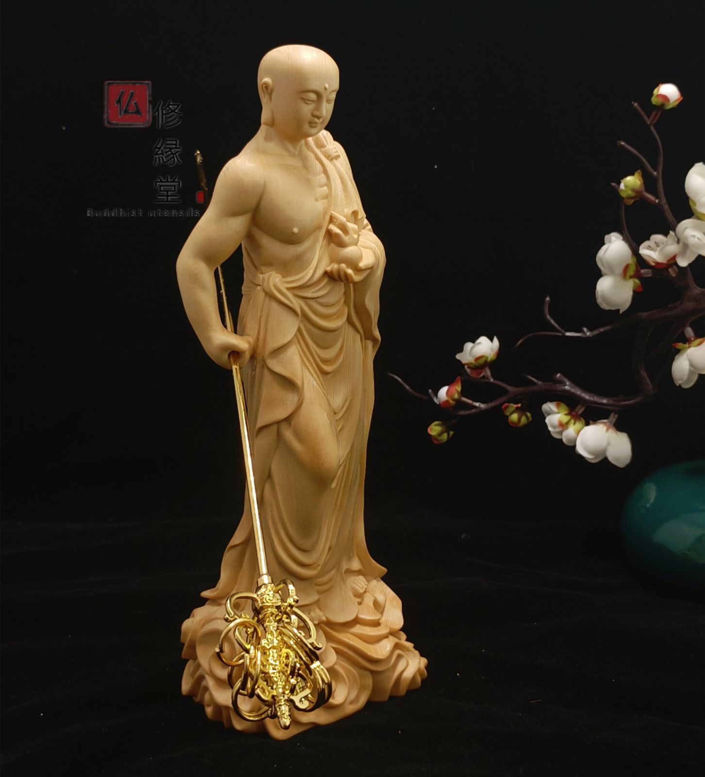 修縁堂】木彫り 仏像 地蔵王菩薩立像 彫刻 一刀彫 天然木檜材 仏教美術 