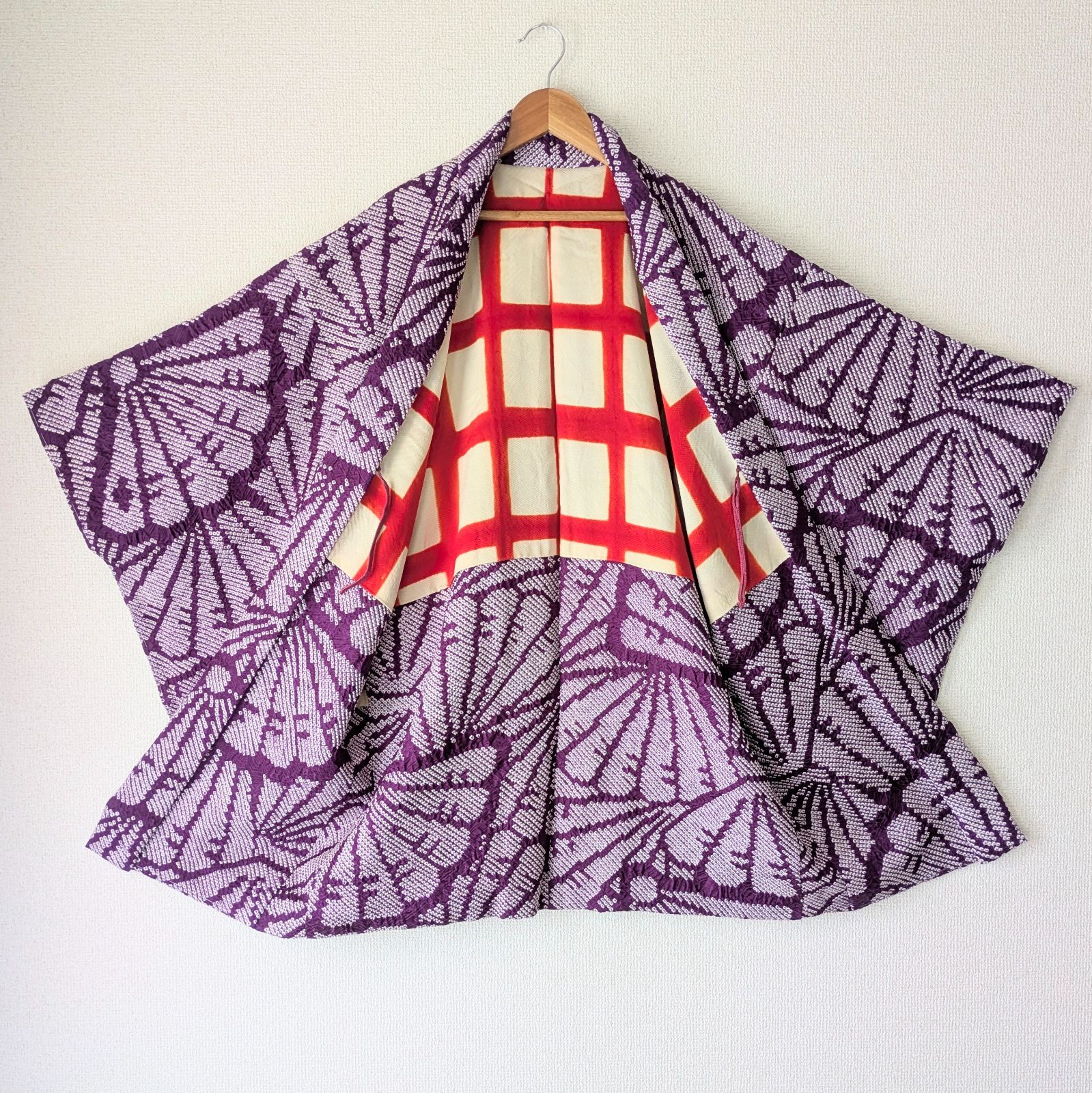 Japanese Vintage Haori Long Shibori Purple Fan pattern Silk