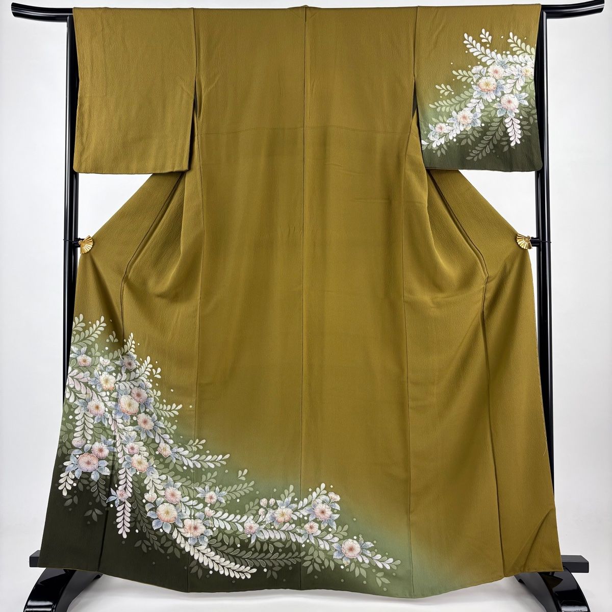 訪問着 身丈165cm 裄丈64cm M 袷 草花 ぼかし 絞り 山吹茶色 正絹 名品