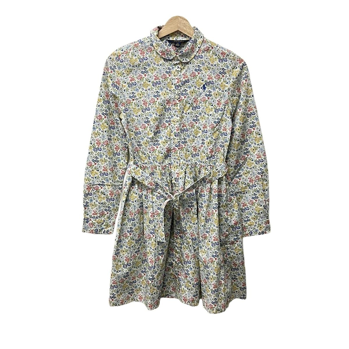 ポロラルフローレン ワンピース サイズ16 XL レディース - 白×ピンク×マルチ レギュラーカラー|長袖|ひざ丈|花柄