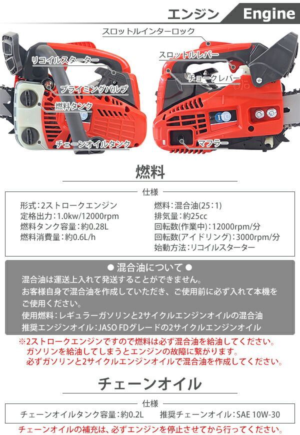 チェーンソー エンジン式 12インチ 最大切断径26cm 排気量約25cc 馬力