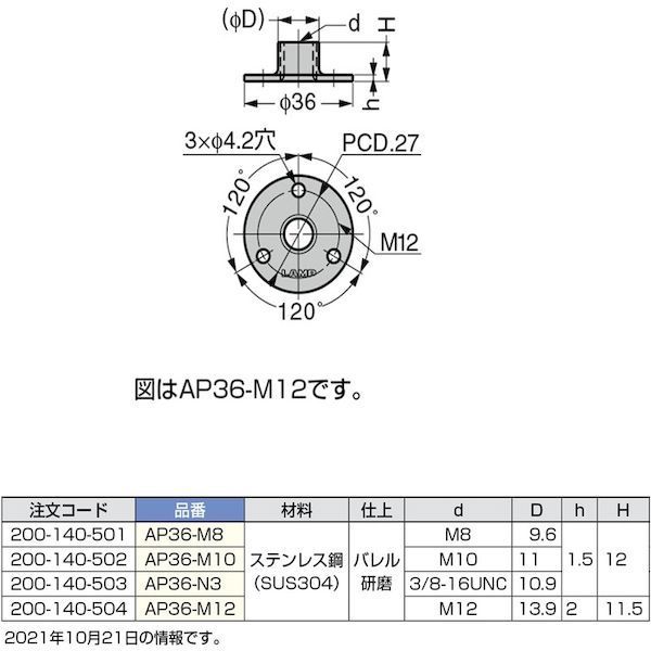 スガツネ工業 LAMP AP36M8 ２００１４０５０１ ＡＰ３６－Ｍ８ステンレス鋼製アジャスターベース AP36M8  AP-36-M8【沖縄離島販売不可】