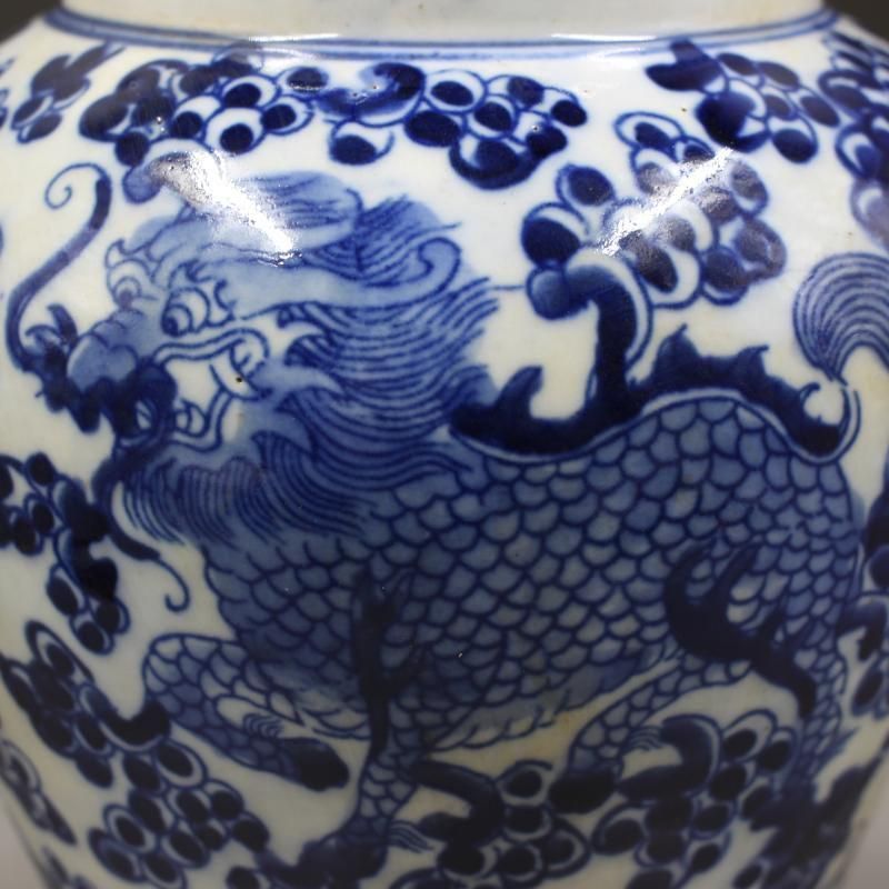 青花着花麒麟紋茶蓋缶 景徳鎮 陶磁器 装飾品 工芸品 美術品 置物