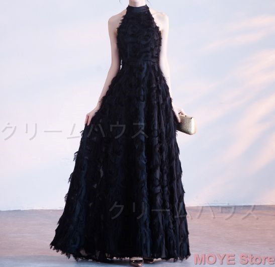 ウエディングドレス パーティードレス ブラック タッセル フェザー ノースリーブ フ パーティー ロング ホルターネック Aライン min