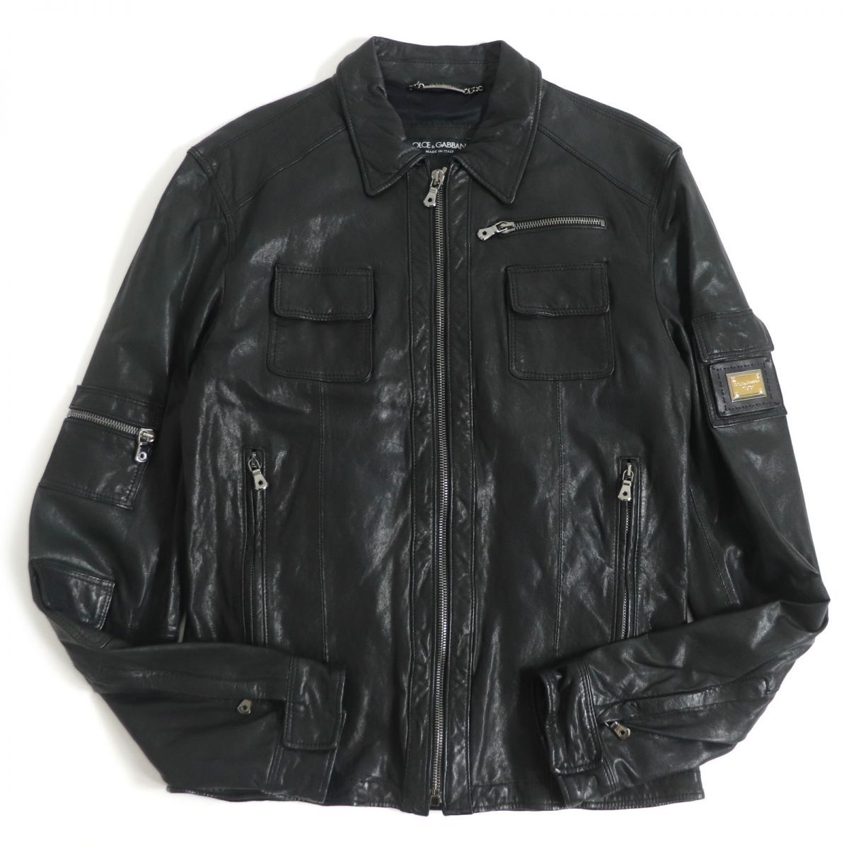 美品✨ DOLCE&GABBANA シングルライダースジャケット ラムレザー 黒 美品□黒タグ DOLCE＆GABBANA/ドルチェ＆ガッバーナ ロゴ