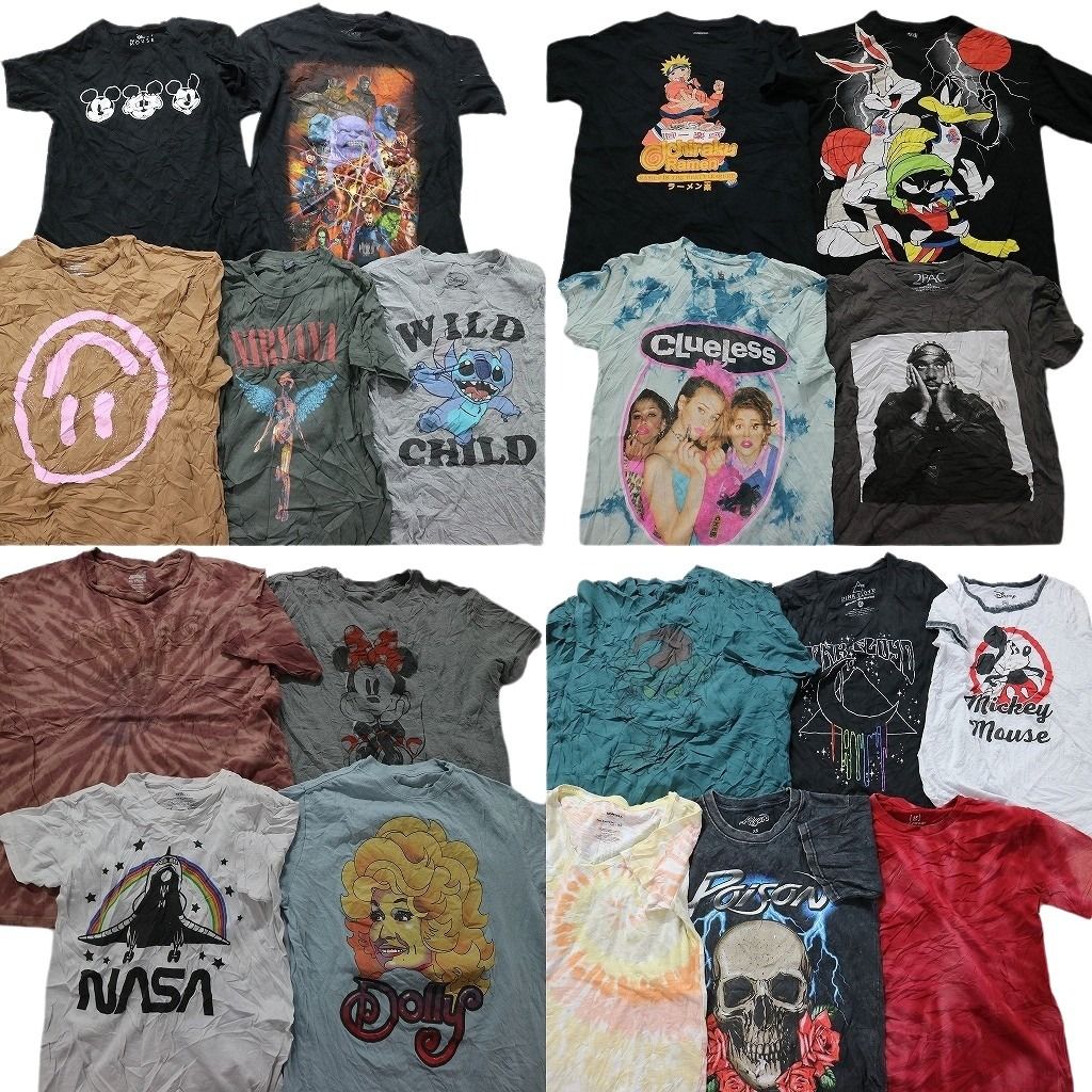 古着卸 まとめ売り カラーmix プリント 半袖Tシャツ 19枚セット (メンズ XS ) キャラクター タイダイ ディズニー スカル アニメ MS8371