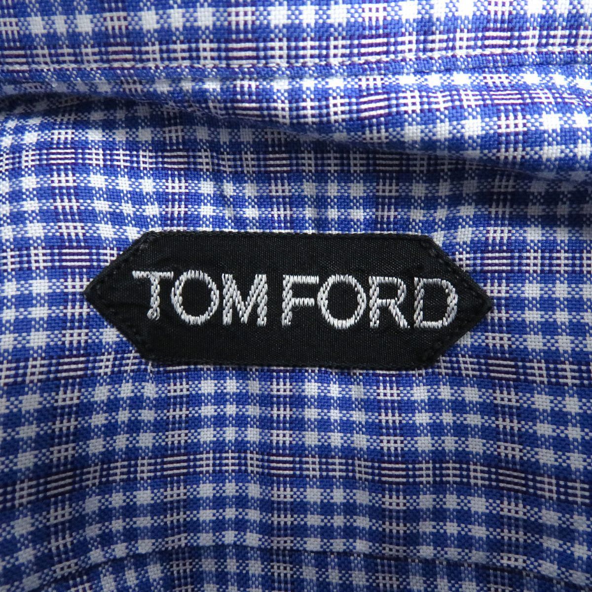 美品□TOM FORD/トムフォード チェック柄 シェルボタン コットン 長袖 ピンホール/アイレットカラー/ダブルカフスシャツ 青 40 スイス製