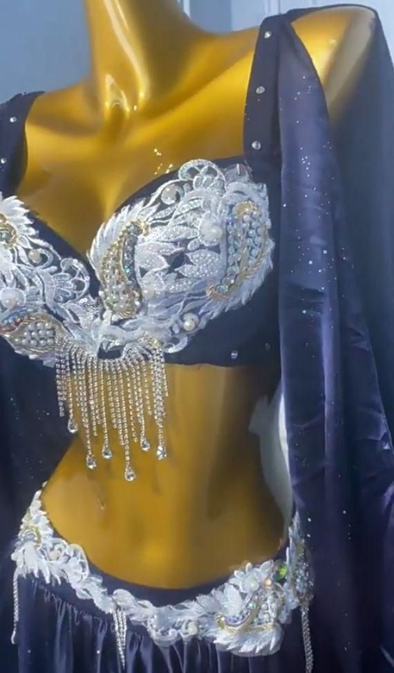 ベリーダンス オリエンタル衣装 ネイビー 刺繍 ブラ スカート オーダー