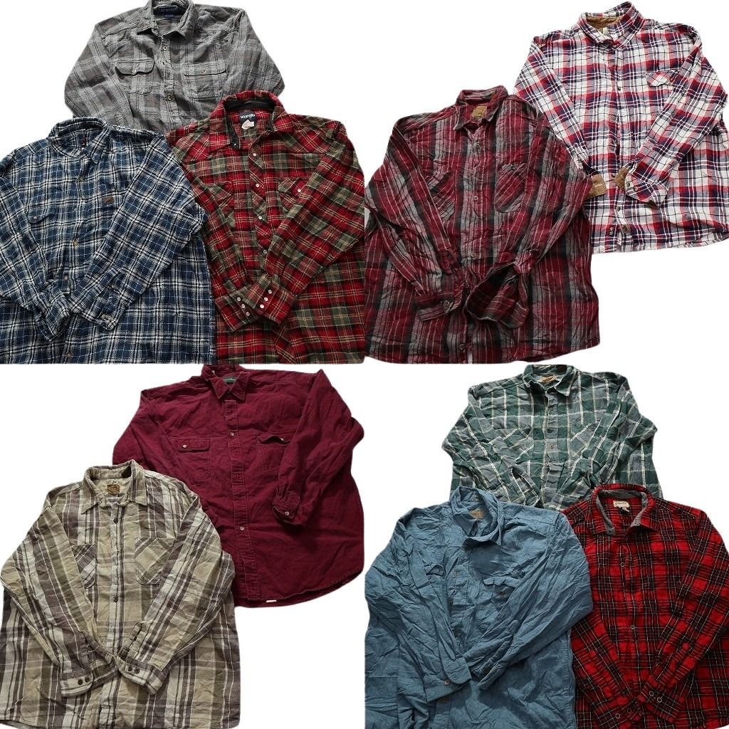 古着卸 まとめ売り ヘビーネル 長袖シャツ 10枚セット (メンズ 2XL /4XL ) ラングラー  ダブルフラップ タータンチェック 中古 古着 MY4340