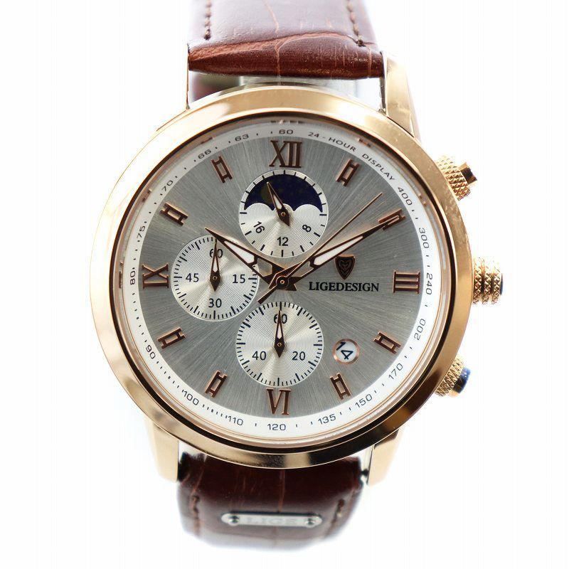 リジェ LIGE 腕時計 ウォッチ クォーツ ロゴ レザーベルト クロノグラフ デイト カレンダー付き LG8953 ■GY18 /MQ