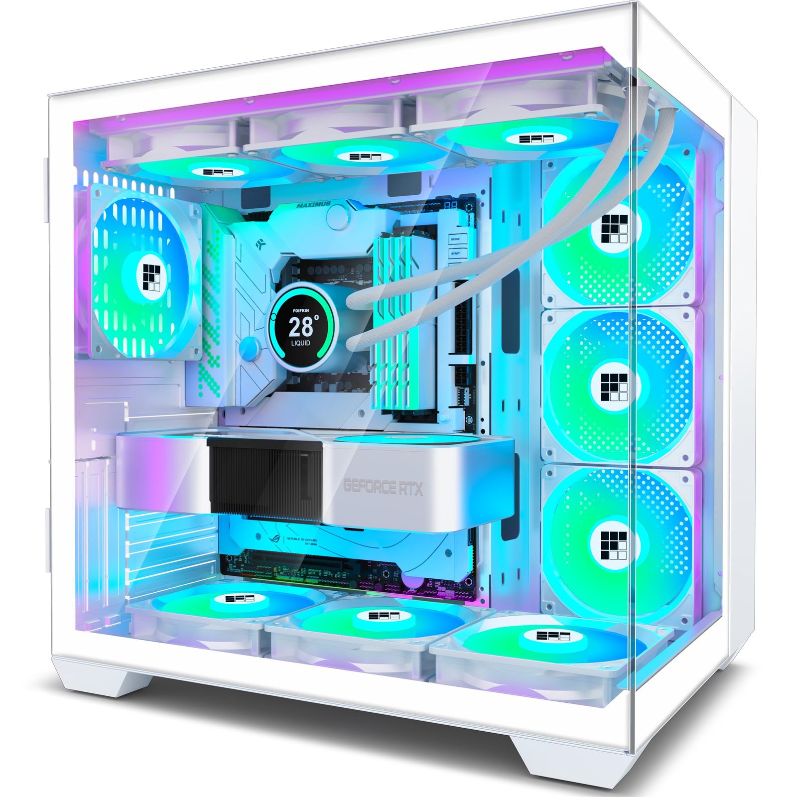 FOIFKIN PCケース - プリインストール済み 6 PWM ARGB ファン ATX ミッドタワー ゲーミング PC ケース 270° パノラマ ガラス Type-C 付き ホワイト F600