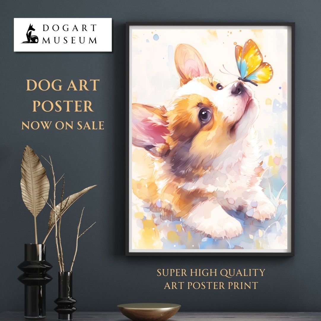 【蝶犬戯舞 - ウェルシュコーギー犬の子犬 No.3】春・蝶・子犬・アートポスター・犬の絵・犬の絵画・犬のイラスト