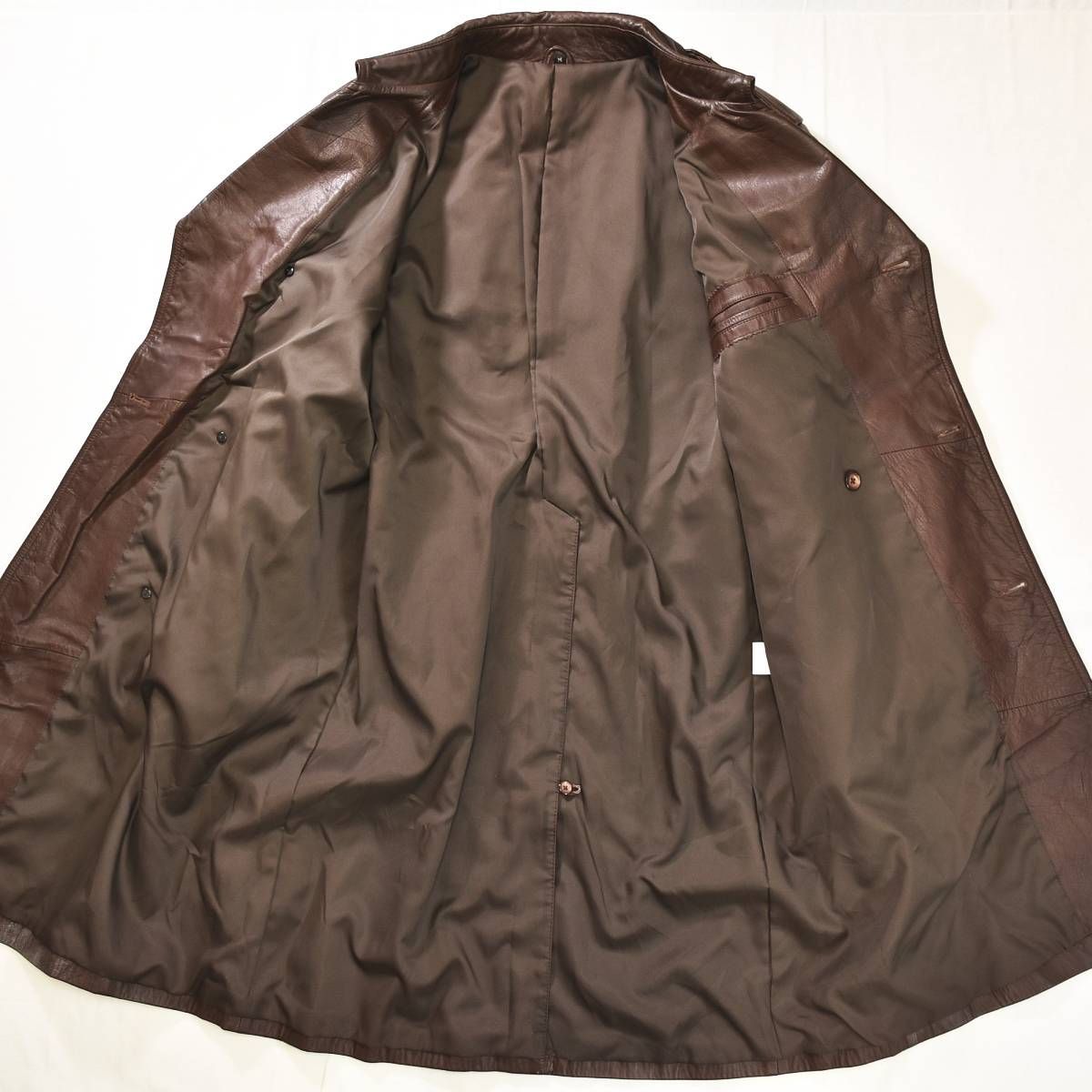 本革 90s ヴィンテージ unknown 牛革 レザー トレンチ コート 総裏地 センターベント ダブルブレスト 革ジャン 無地 M ブラウン レトロ カジュアル ウェア メンズ KANDAIZUMI_COM