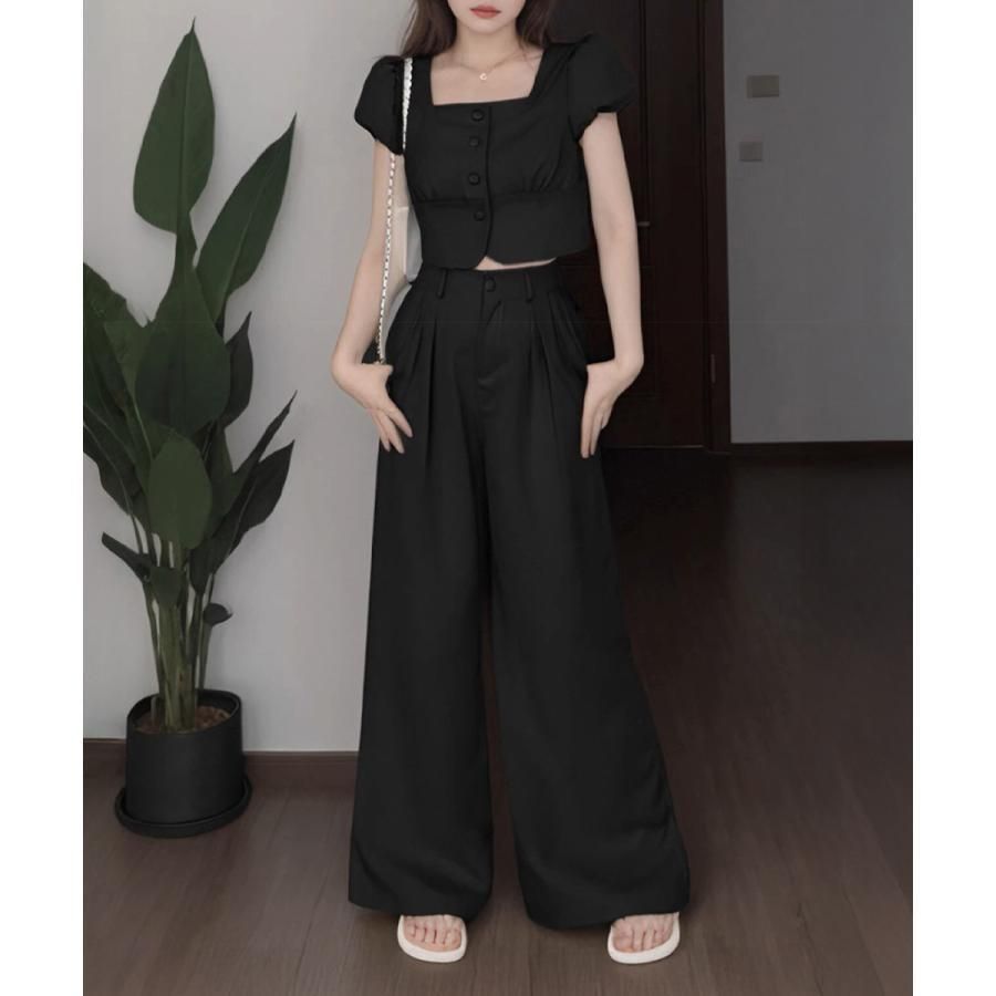 セットアップ春夏半袖トップスワイドパンツ