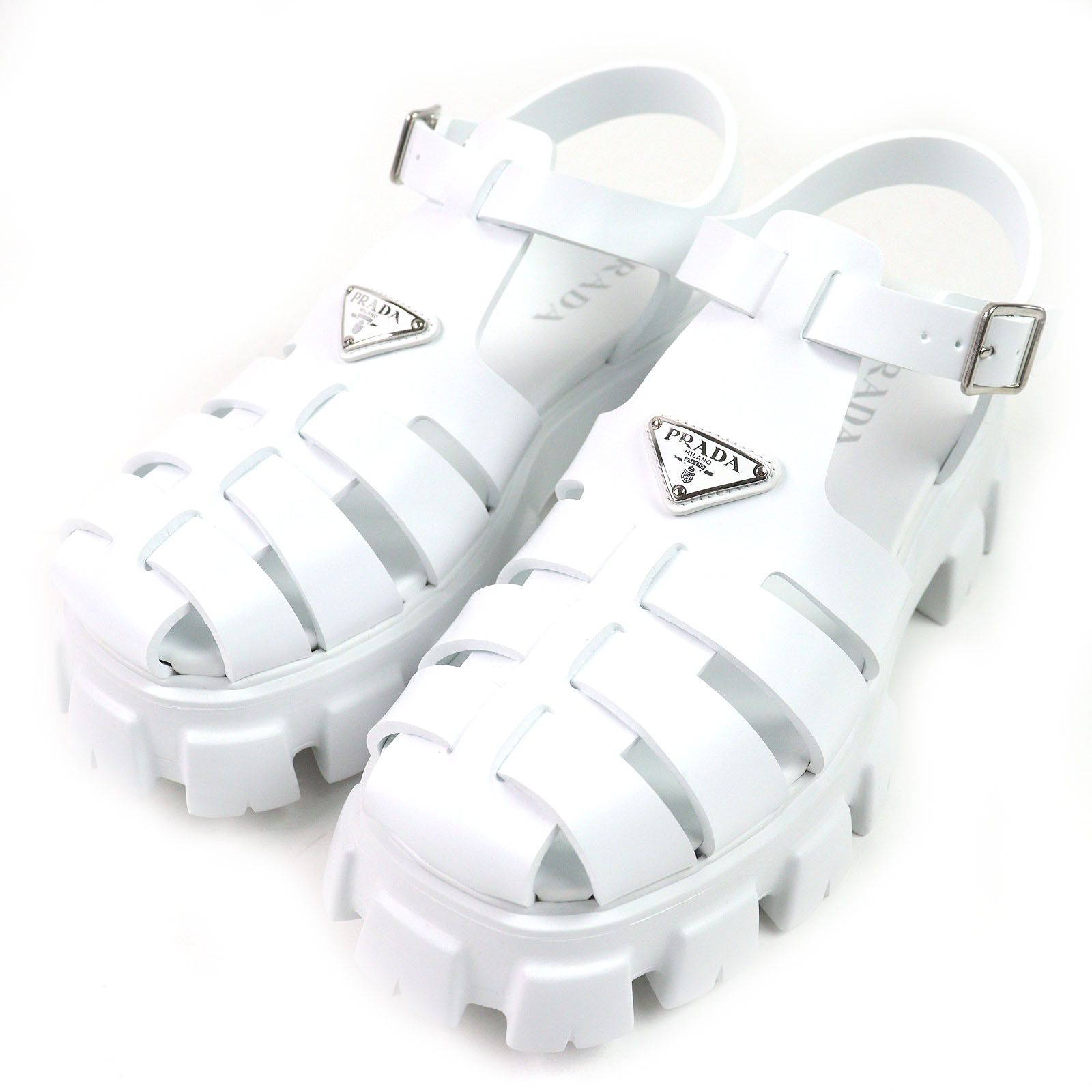 △PRADA プラダ 2X3083 MONOLITH RUBBER SANDAL モノリス トライアングルロゴ 三角プレート ラバー サンダル 厚底 ホワイト 10 き イタリア製 メンズ
