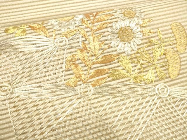 平和屋着物○九寸名古屋帯 駒刺繍 南天文 金彩 正絹 逸品 DAAU5517ps