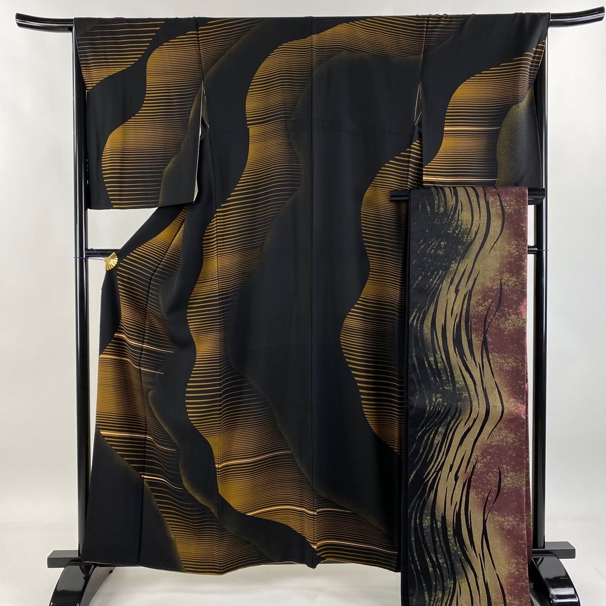 訪問着 身丈159.5cm 裄丈67cm M 袷 袋帯セット 霞 縞 金彩 黒 正絹 秀品