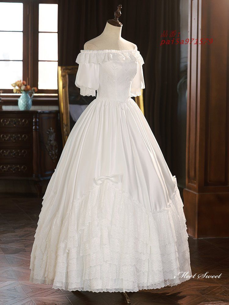 ウェディングドレス ロングドレス プリンセスドレス オフショルダー Aラインドレス 半袖 サテン 前撮り 花嫁 ウエディングドレス ブライダル 結婚式 二次会 pai5a971579