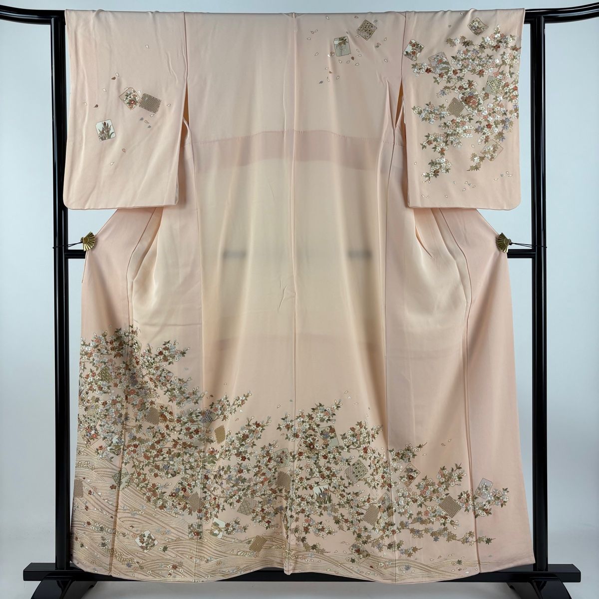訪問着 身丈156cm 裄丈61.5cm S 袷 破れ色紙 桜 刺繍 金糸 薄ピンク 正絹 秀品 一つ紋